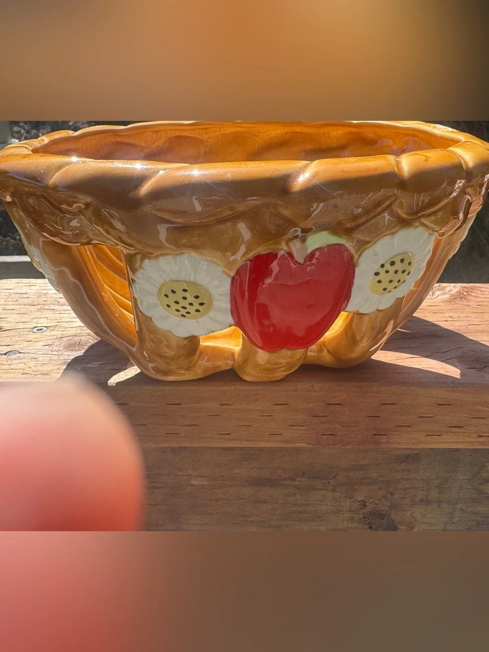 1980s Ceramic Bread/Fruit Basket with Red Apple and Daisy Motif